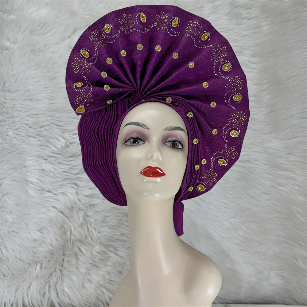 African Headtie Luxury Crystal Stone Gold Aso Oke Gele Auto Gele Aso Ebi Purple Headtie Turban Cap Women Head Wear Nigerian