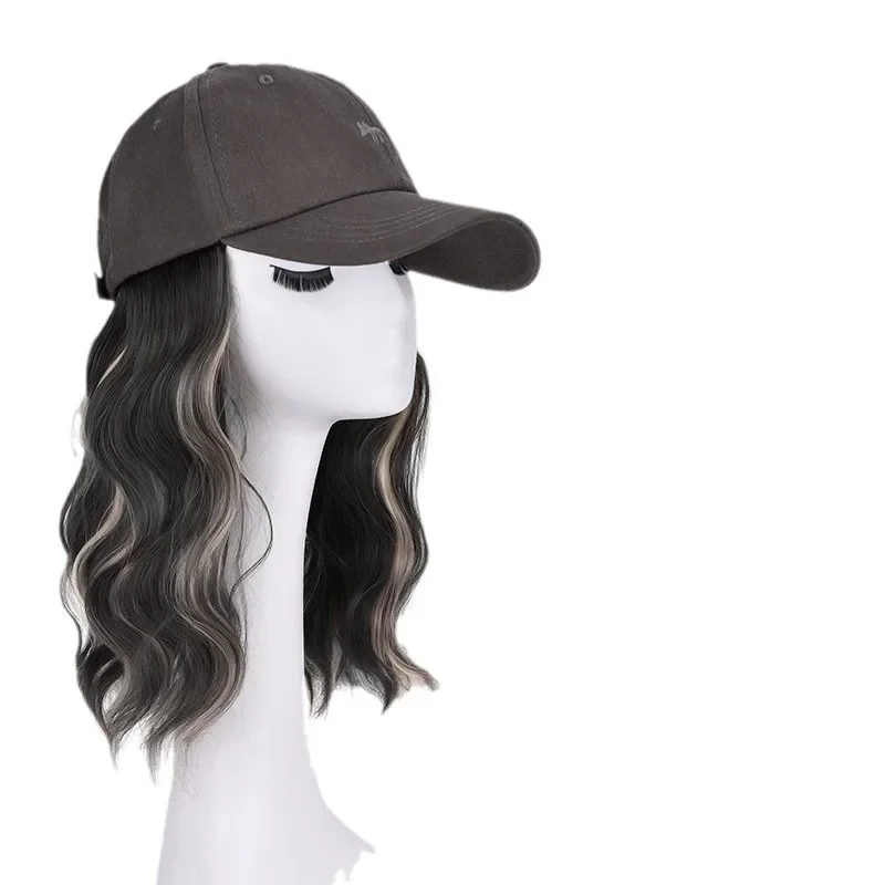 

Hat wig female highlight dyeing long curly hair little fox embroidery baseball hat with wig integrated autumn and winter new hea