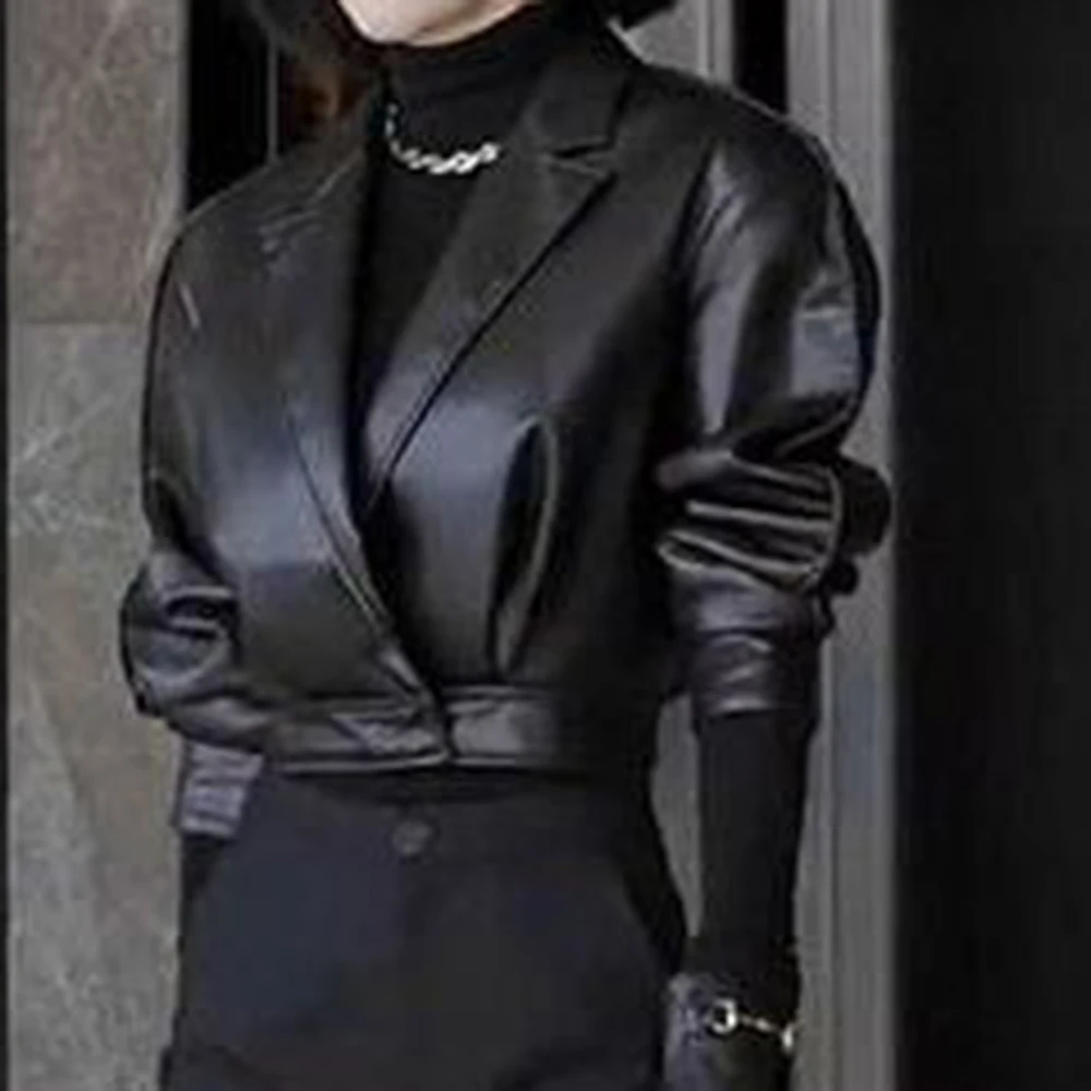 

Popular retro new fashion suit black short suit collar leather jacket flared pants suit blazer women coats