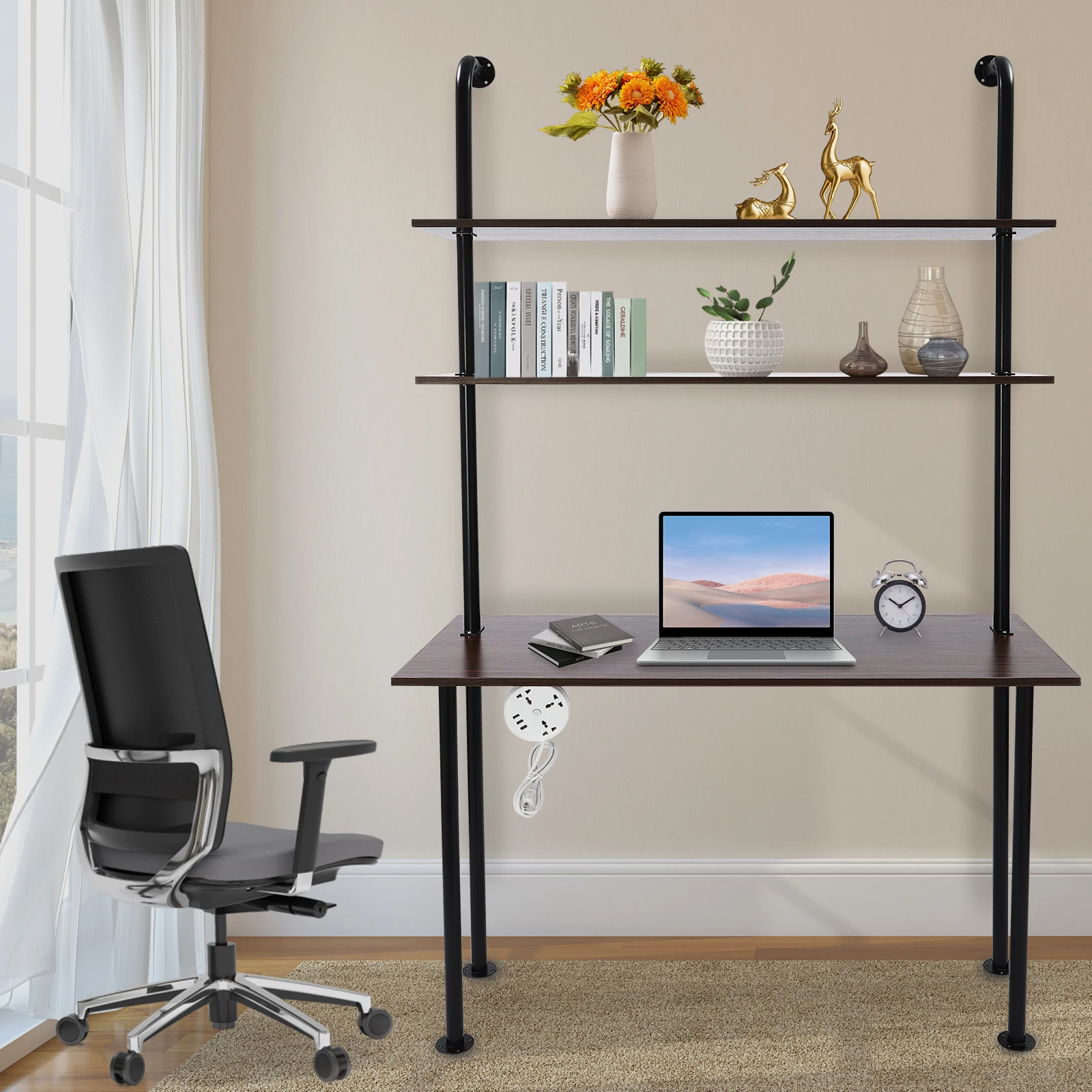 3 Tier Wall Mounted Desk Floating Shelves Organizer for Home Office Space Saving Computer Writing Table Workstation