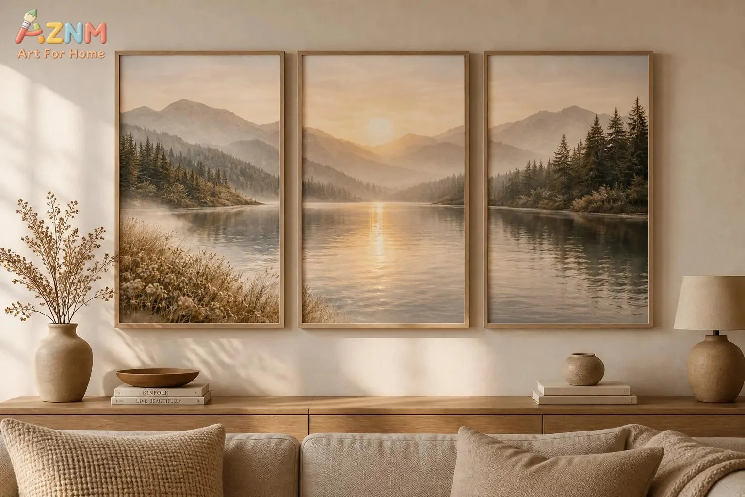 Misty Lake Wall Art Set of 3, Neutral Landscape Prints, Soft Vintage Mountain Lake Decor, Calm Nature Wall Art, Triptych Set