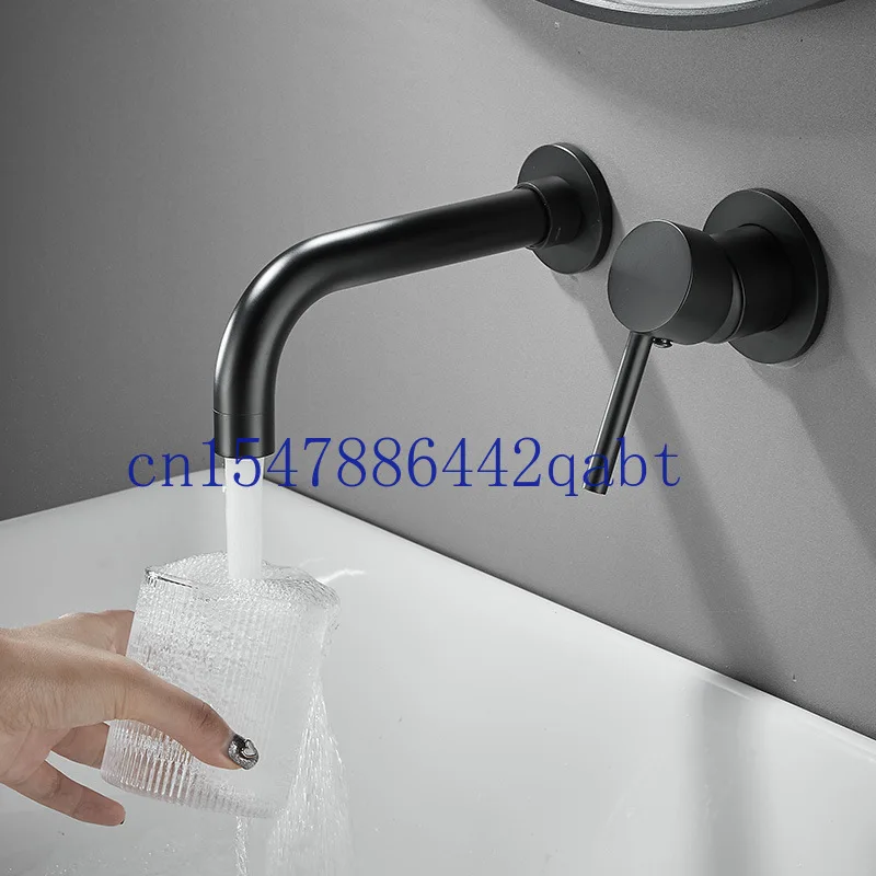 Black concealed wall mounted basin faucet, copper embedded wall mounted split basin hot and cold faucet
