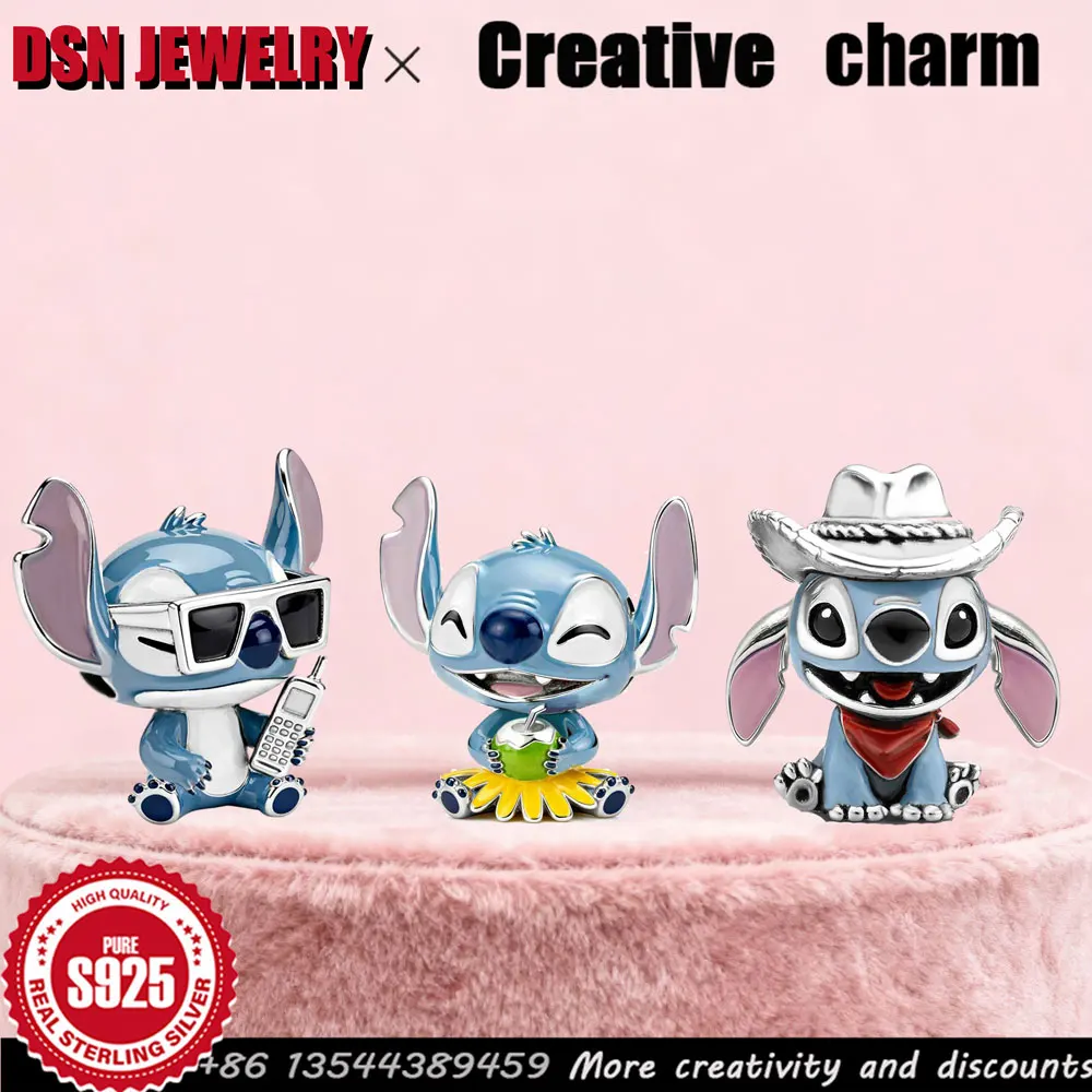 

Disney 925 Silver Charm stitch Cowboy calls Hawaii Customized enamel bead for Bracelet Charm cute Female Jewelry Christmas Gift