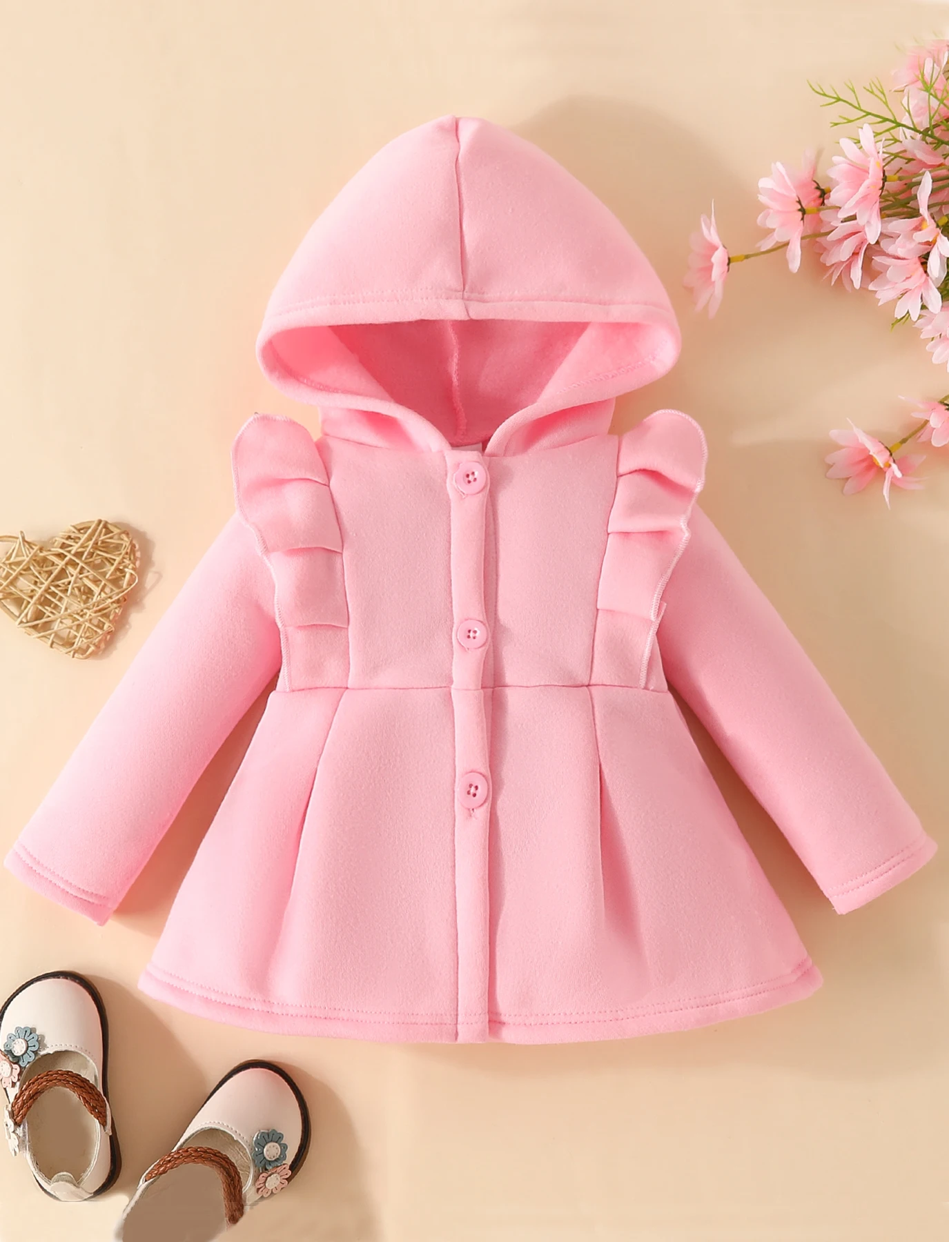 BabyGirl Ruffled Long Sleeve Fleecee Hooded Single Breasted CoatKids Clothes Autumn And WinterRecommended To Buy One Size Larger