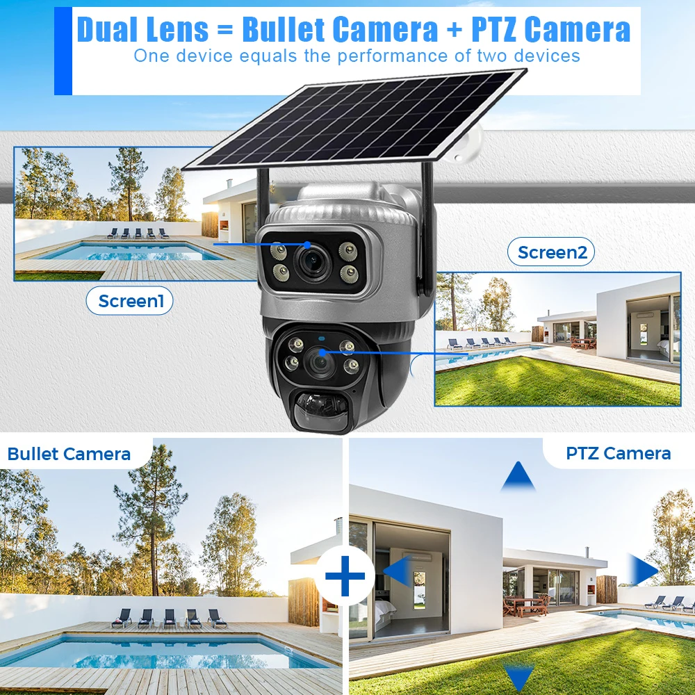 Afbeelding 4: 2 stuks zonnecamera 4G dubbele lens 4K draadloze buitenvideomonitor PIR menselijke detectie en alarmbeveiliging bewaking
