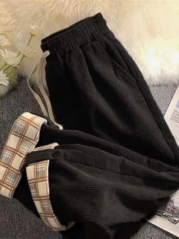 Pantalones de pierna ancha de pana con forro Fce para mujer de talla grande, pantalones de corte recto de cintura alta, pantalones coreanos para ir al trabajo