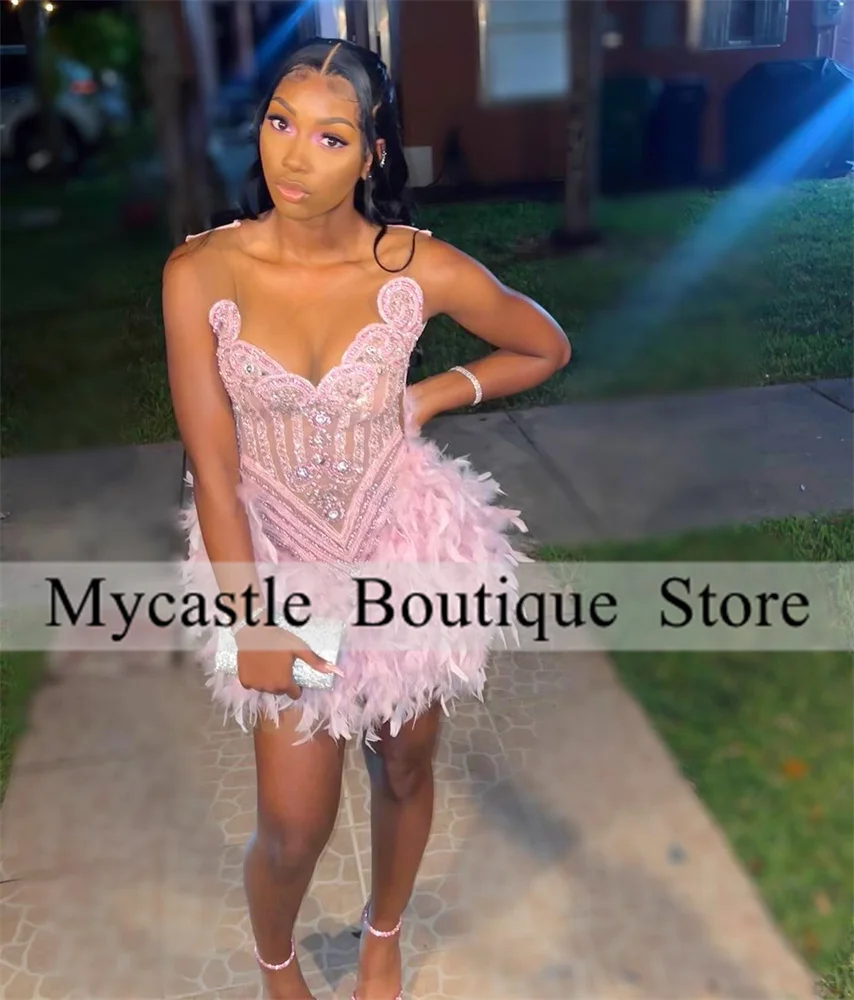 Luxury Gold Beaded Customized Short Prom Dress 2024 For Black Girls Crystals Feathers Cocktail Dresses Party Homecoming Dress