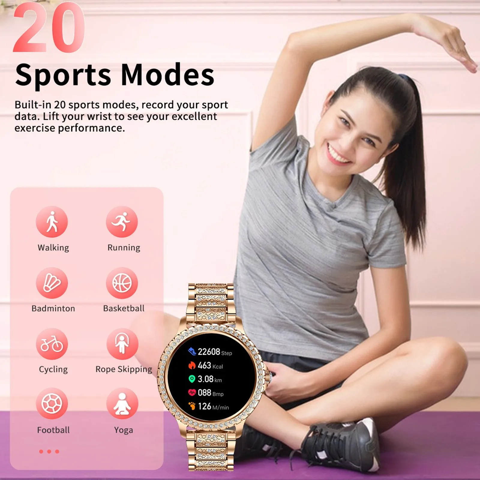 المرأة مقاوم للماء ساعة ذكية موبايل بلوتوث دعوة الموسيقى مراقبة الصحة الرياضة ساعة ذكية جهاز تعقب للياقة البدنية معصمه بلوتوث