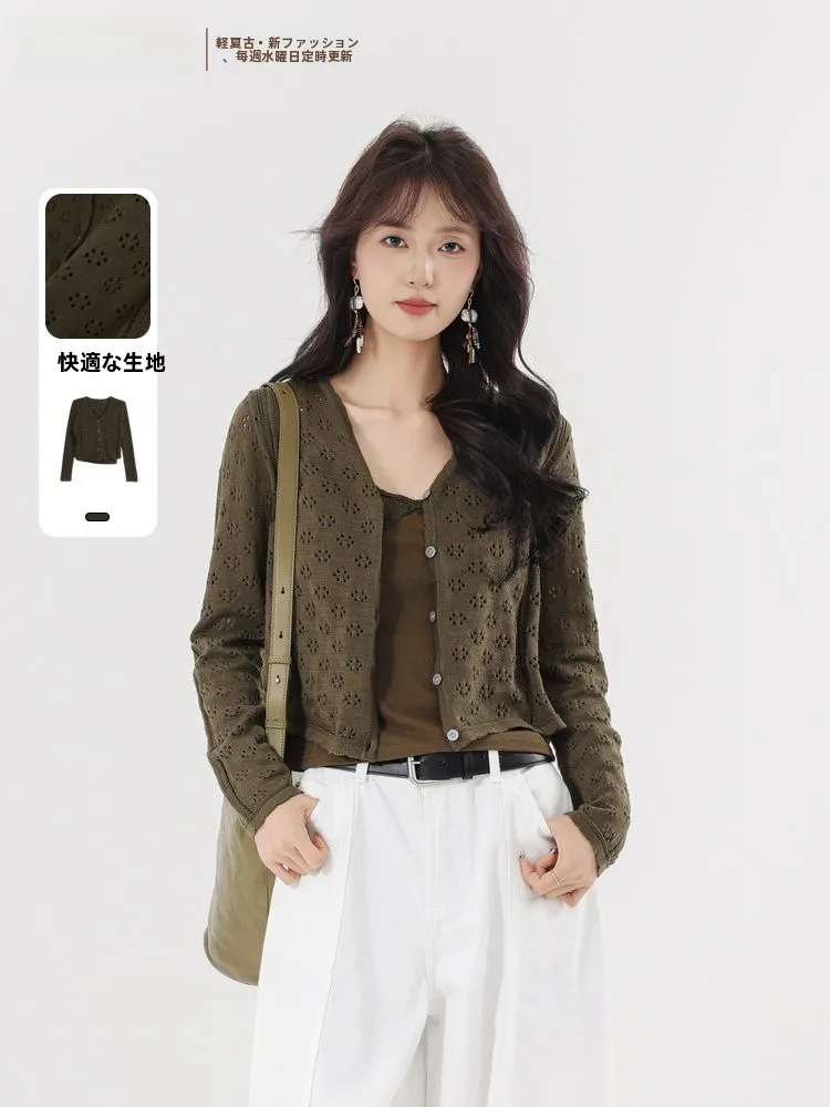 

Elegant Style Knitted Sweater Set Hollow out Design Long Sleeve V-Neck Cardigan And Tank Top Two-Piece Set for Women Spring 2026