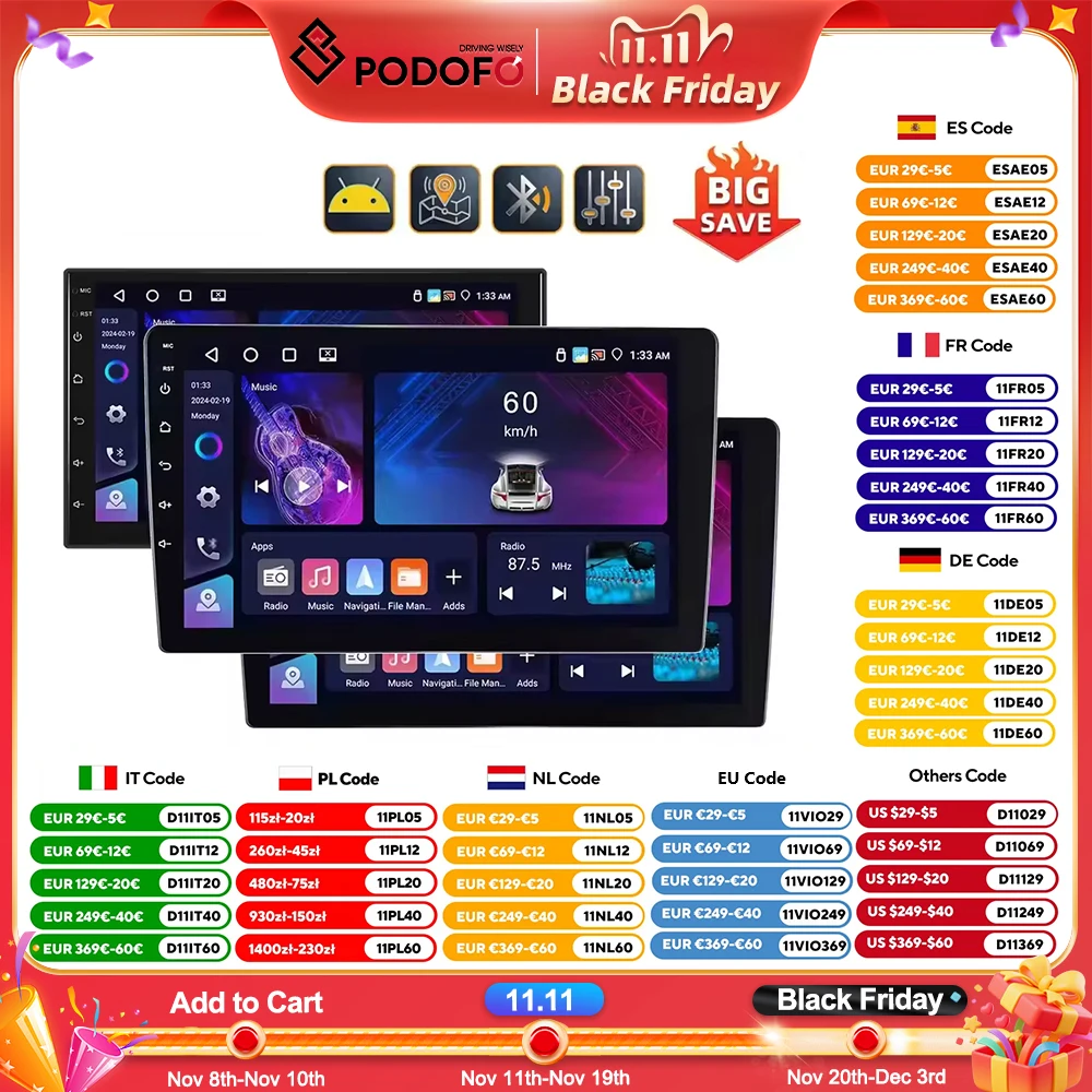 راديو سيارة أندرويد شامل Podofo ، مشغل وسائط متعددة ، مشغل سيارة ، مشغل سيارة ، DSP تلقائي ، صوت ، واي فاي ، نظام تحديد المواقع والملاحة ، 4 + 64G ، 7 "، 9" ، #1