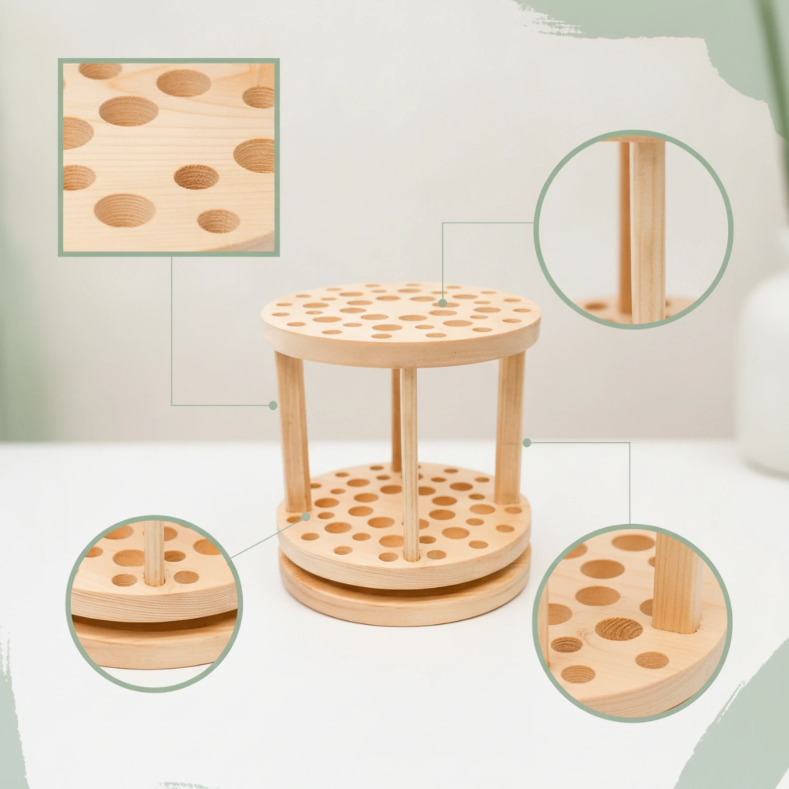 Rotating Brush Holder Natural Wood Wooden Brush Stand Pen Holder with Rotating Base Compact Desktop Organizer Long-Lasting