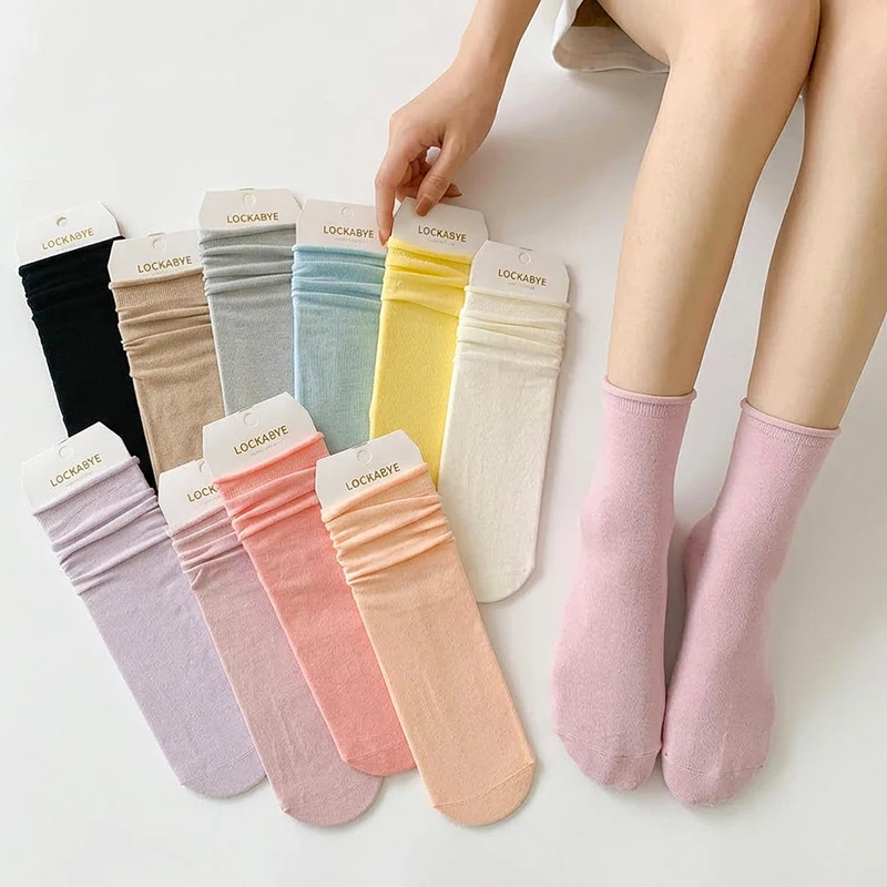 1/6 Pairs Women Socks Multicolor Solid Color Cute Cotton Female Harajuku Soft Rolled Edge Crew Socks Japanese Young Casual Socks