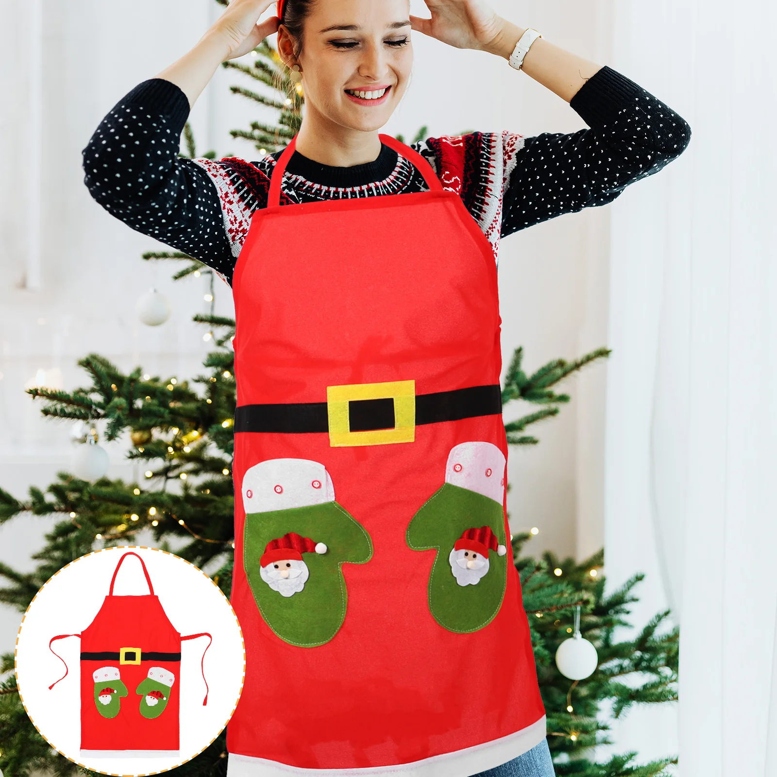 

Cute Christmas Theme Apron Kitchen Restaurant Dinner Baking Cooking Barbecue Material Adjustable Neck Strap Ties Waist