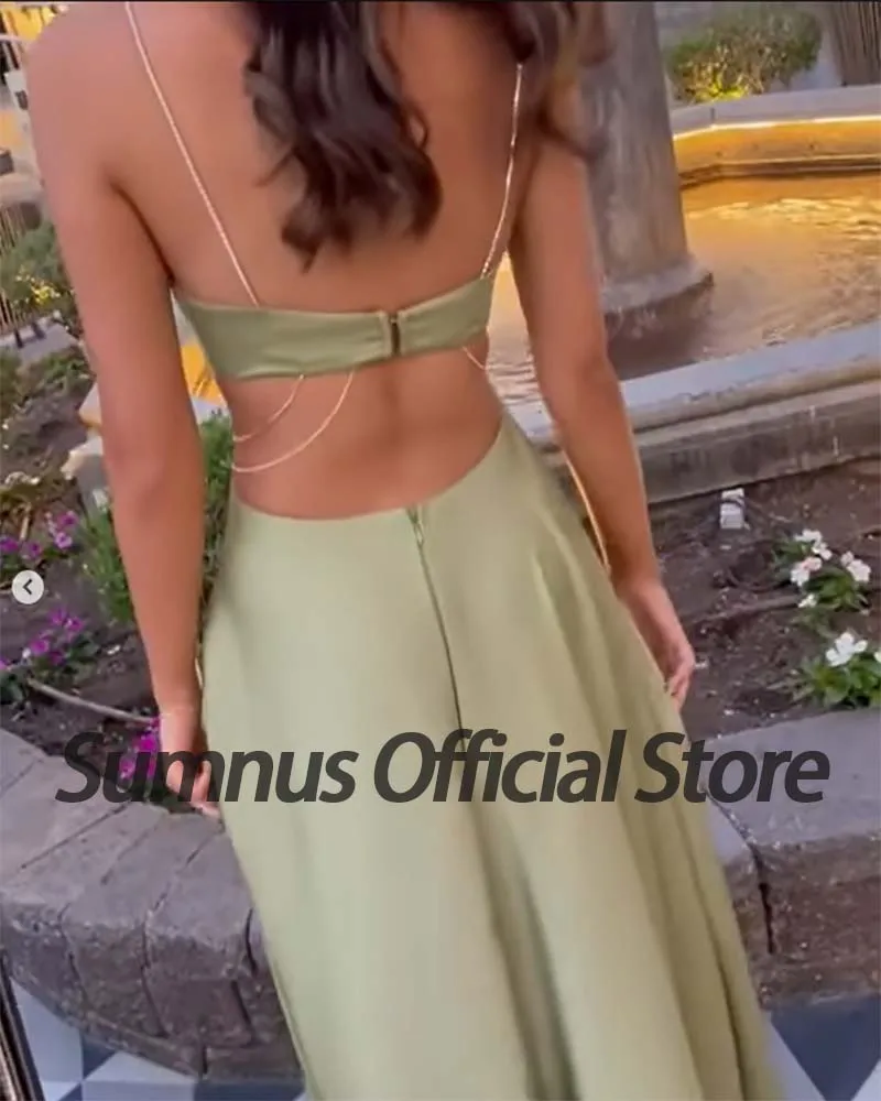 Sumnus-vestido de fiesta verde claro para mujer, traje Sexy de satén con abertura lateral, tirantes finos y cuentas, para verano, 2024