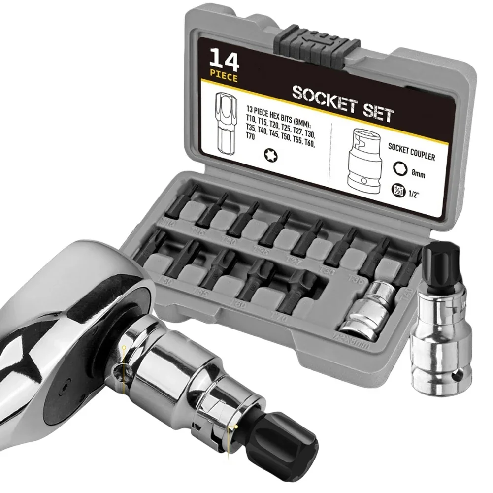 Para trabalho mecânico vanádio aço 1 2 Polegada unidade para uso doméstico T10-T70 14 pçs para torx bit soquete conjunto chave de fenda