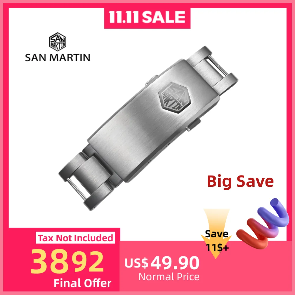 

San Martin 16 мм 316L нержавеющая сталь на муху регулируемая застежка для наручных часов с зубчатыми штифтами и трубками структура браслет