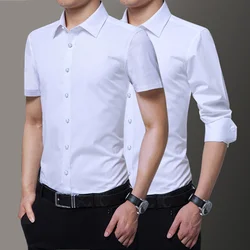 Camisas Slim Fit Manga Curta Longa Masculina, Camisa de Negócios, Blusa Formal, Sem Engomar, Marca de Luxo, Todas as Estações