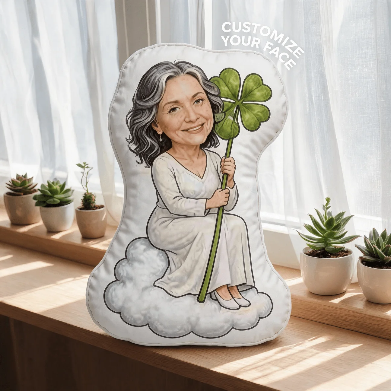 Custom Photo Shaped Pillow, Personalized Lady with Clover Illustration Decorative Cushion, Unique Home Decor Accent for Sofa & B