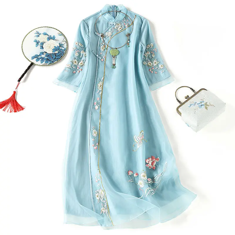 

Cheongsam с цветочной вышивкой, женские шифоновые платья в стиле ретро с короткими рукавами, винтажные платья Тан в китайском стиле, летняя новая мода