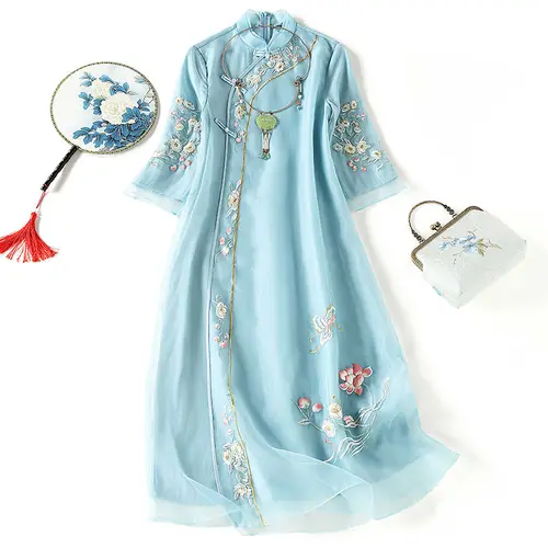 Cheongsam bordado Floral para mujer, vestidos Retro de gasa de manga corta, vestidos Tang Vintage de estilo chino, nueva moda de verano