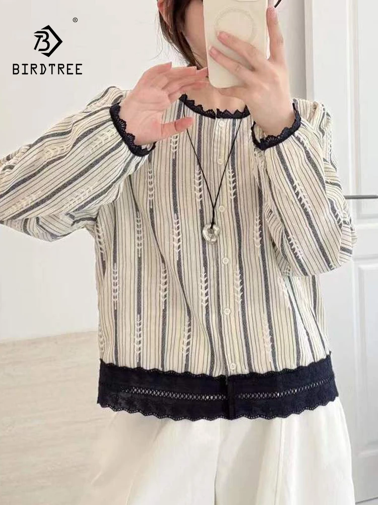 

New 2025 Winter Cotton Long Sleeve Shirt, Women O Neck Embroidery Striped, Mori Girl Lace Patchwork Chic Loose Blouse T5N719CC