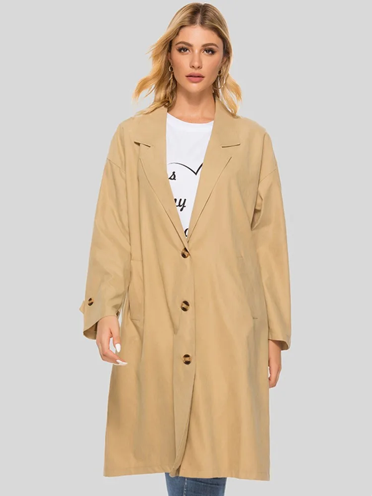 

Spring Autumn Women's Casual Trench Vintage Long Sleeve Outerwear Loose Solid Coat Female Knee Length Lapel Thin Windbreaker New