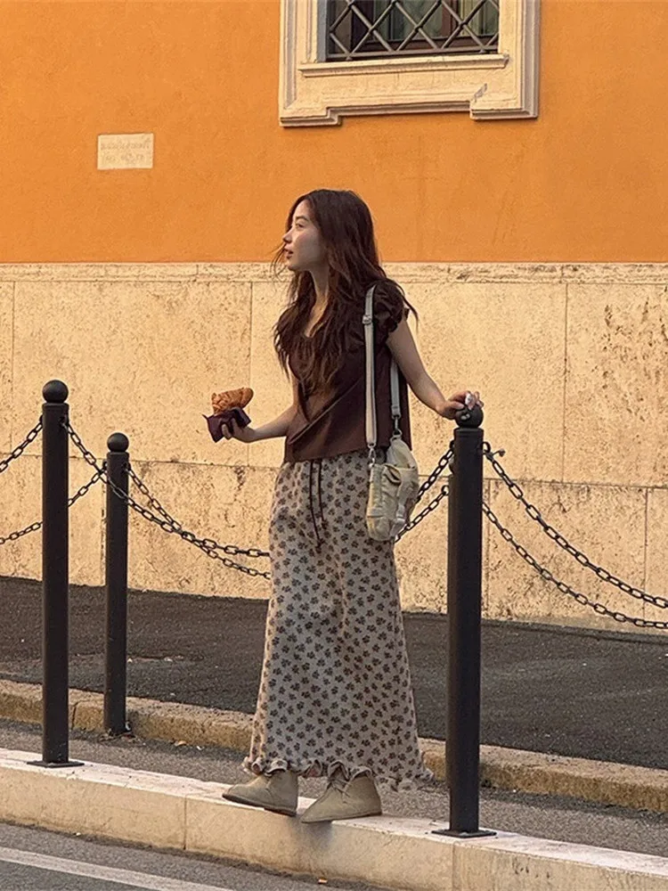 

2025 Summer New Dongdaemun Korean Sle ort Sve irt Floral f Skirt Women Two Piece Set Cotton round Ne Overhead