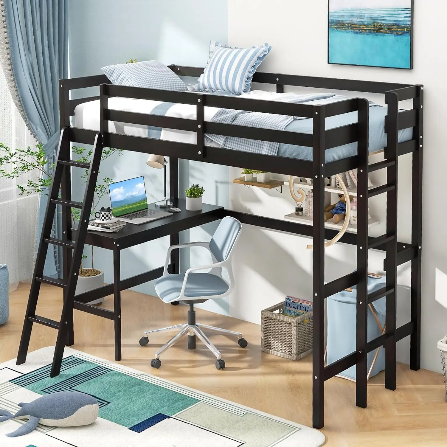 Twin Size Loft Bed with Desk, Solid Wood Loft Bed with 2 Ladders & Full Length Guardrail, Modern Space-Saving Twin Bed Frames