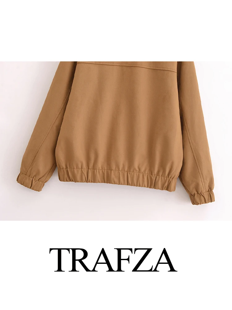 TRAFZA-Blouson Bombardier Polyvalent en Daim pour Femme, Effet Bergame, Poches Décorées, Fermeture Éclair, High Street, Décontracté