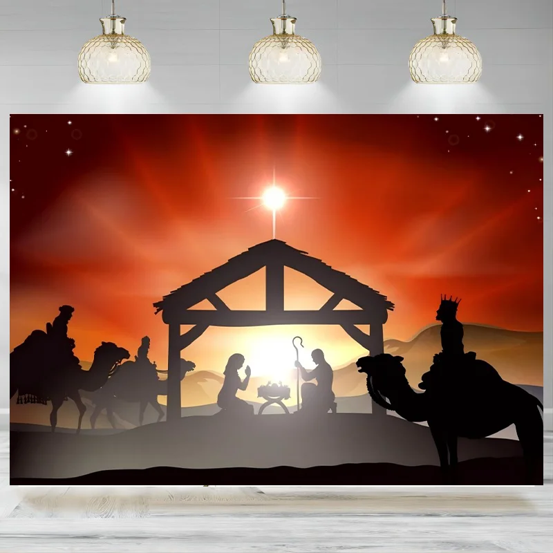 Christmas Backdrop Photography Background Dawn Desert Jesus Nativity Manger Holy Birth Camel Team Bible Story Child Baby Banner