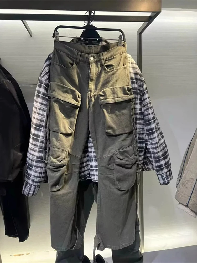 

Spring New Men's Fashion Cotton Washed Loose Workwear Style Jeans Multiple Pockets Decoration Casual Straight Leg Trousers