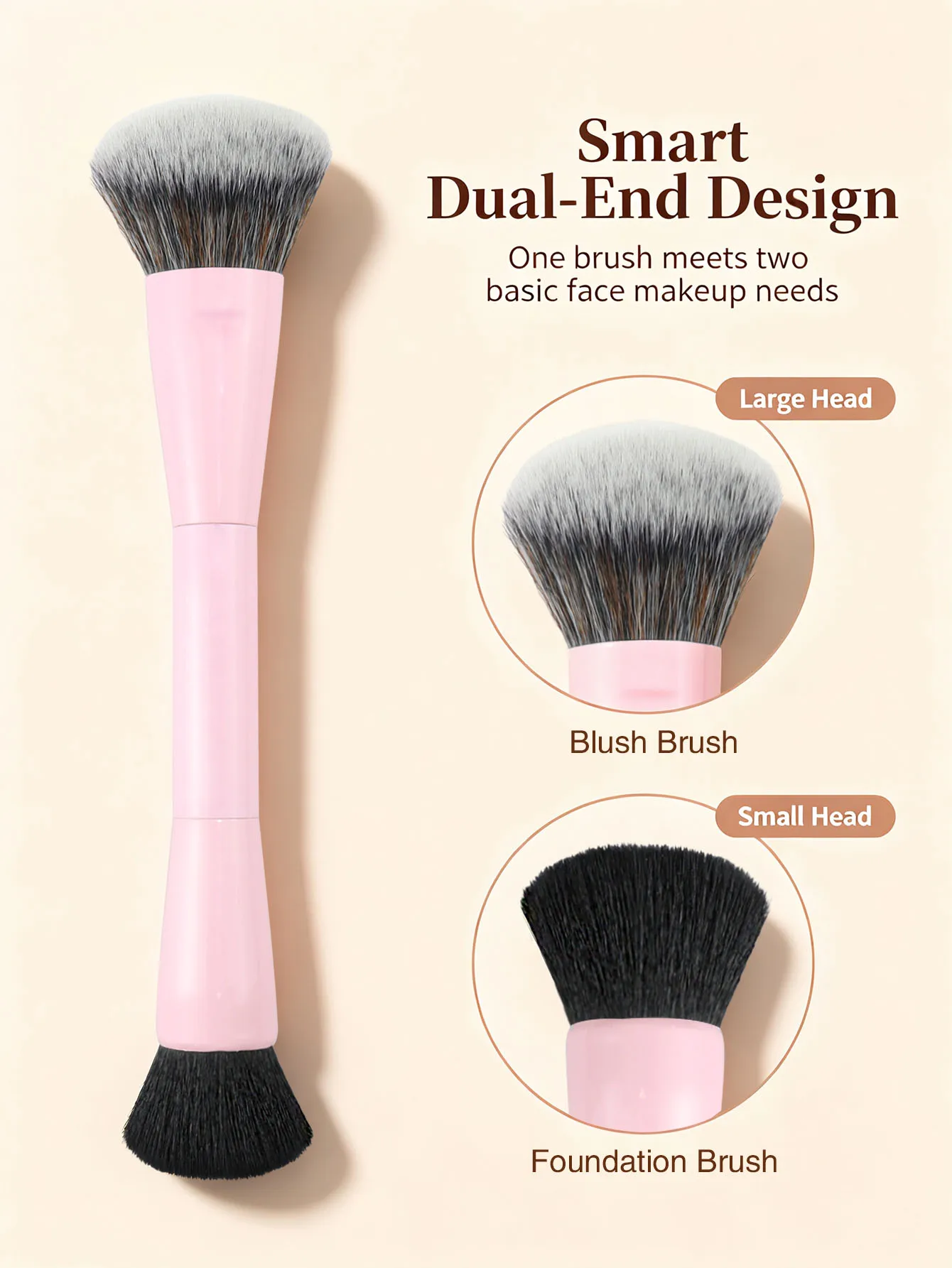 1Pc Dual-Ended Multifunctional Professional Makeup Brush, with Soft Synthetic Bristles, Suitable for Foundation, Blush, Loose Powder, Highlighter, Contouring, Portable Multifunctional Beauty Makeup Tool