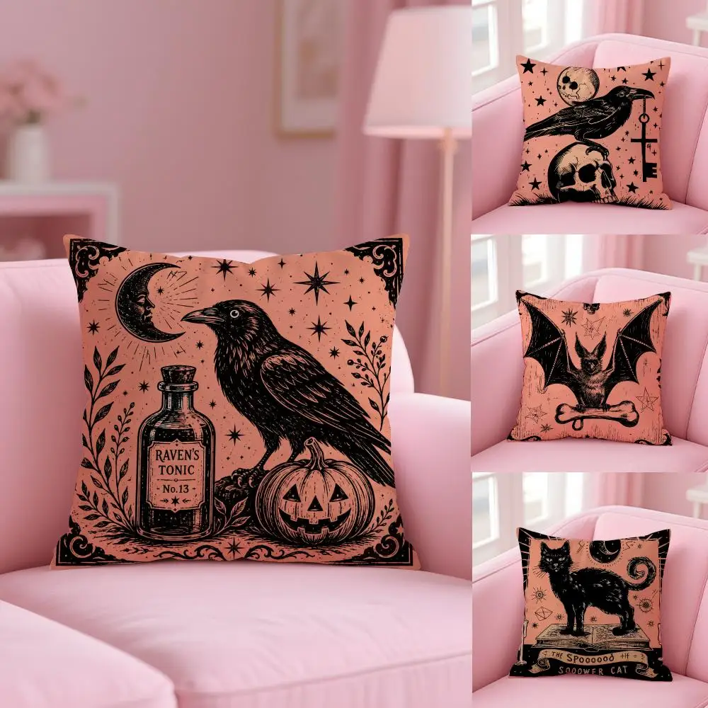 Halloween  Spooky Cat Bat Cushion Cover Soft Short Plush Double-Sided Printing Home Decor Machine Washable Pillow Case Gift