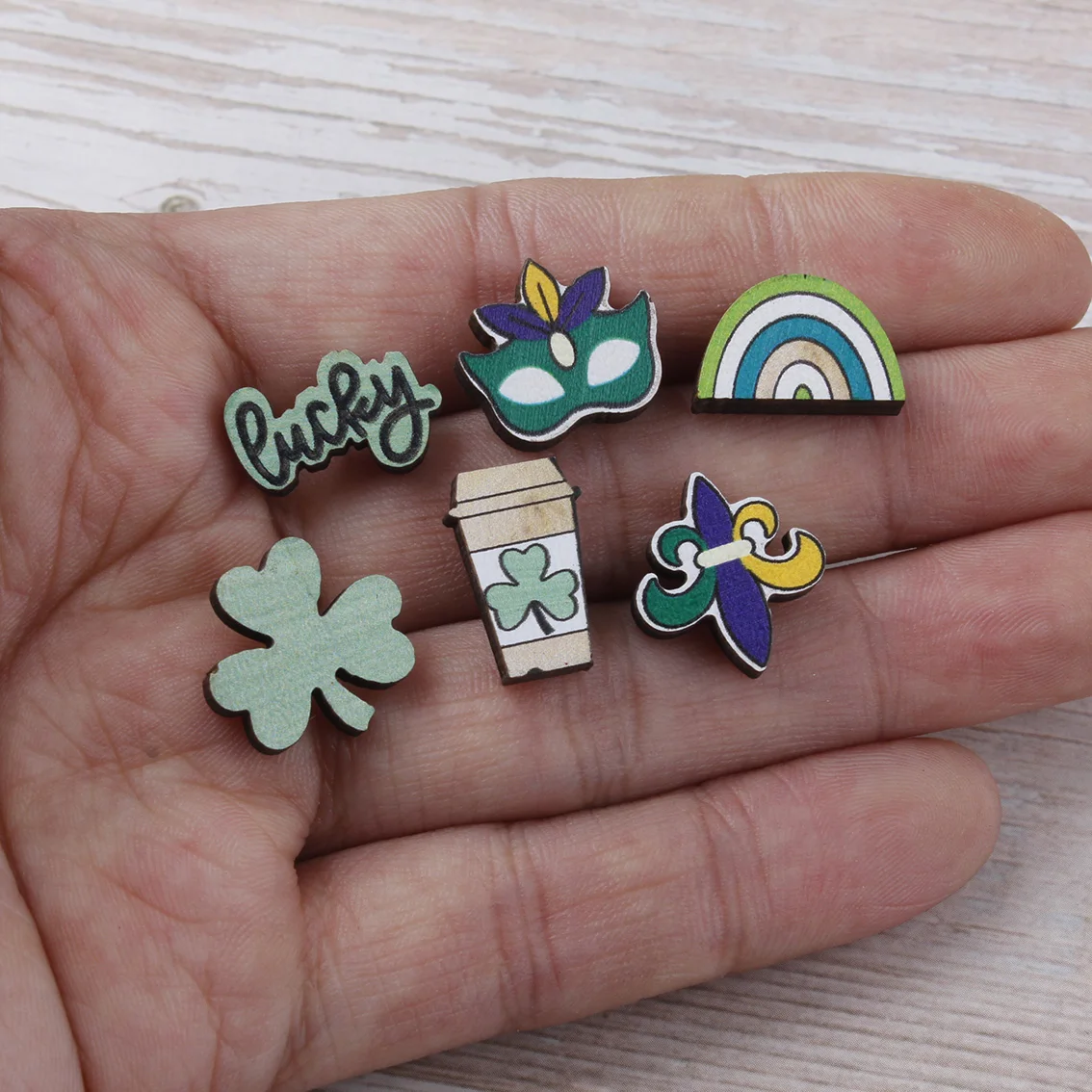 St. Patrick's Day Lucky Shamrock Coffee Rainbow Printed Wood Button Wooden Studs Earrings for Women