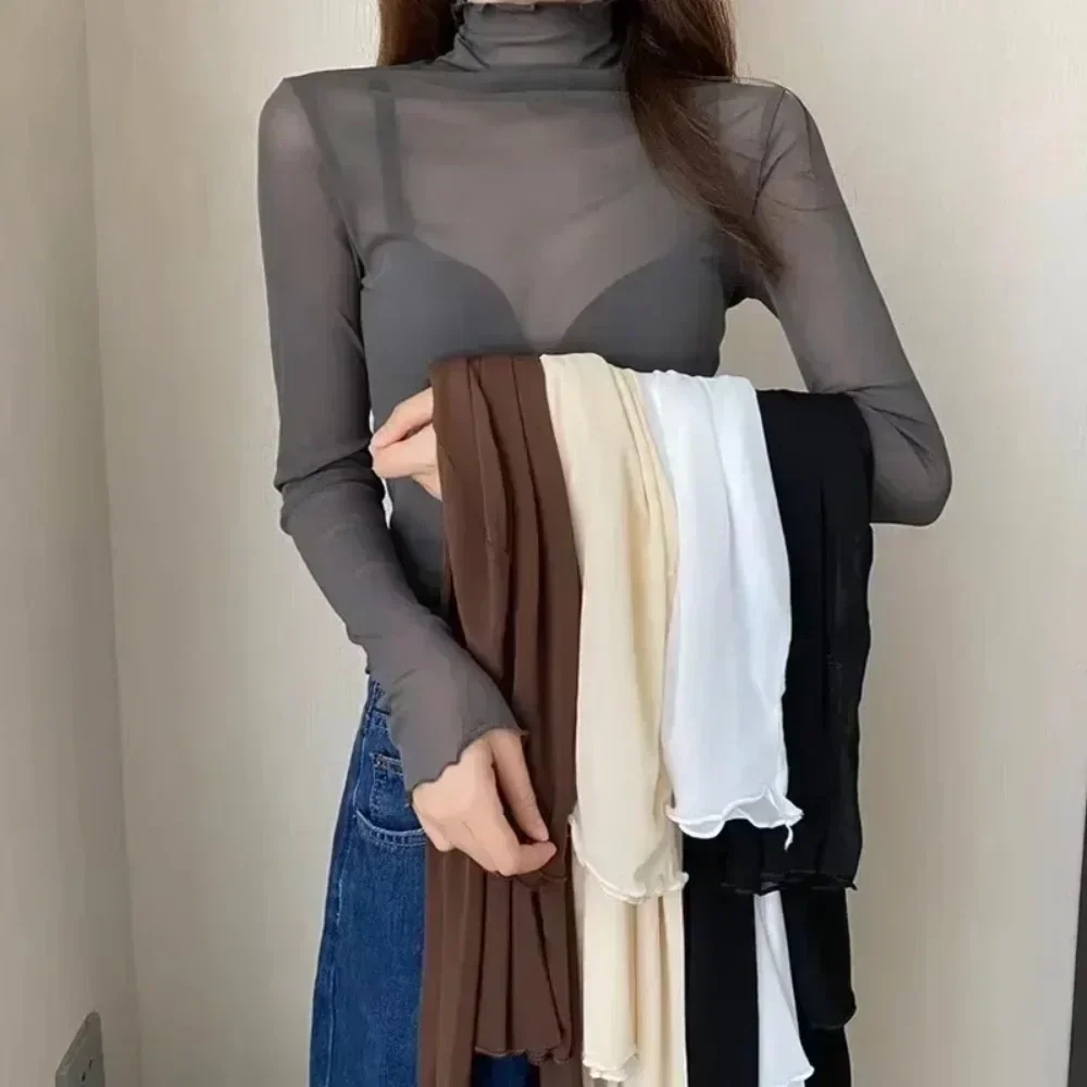 High Neck Sheer Mesh Top Women Clothing Long Sleeve Turtleneck T-shirt Korean Sexy See Through Black White Beige Shirt New