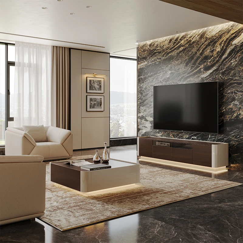 Italian minimalist high-end living room TV cabinet tea table combination of modern simple light luxury storage locker