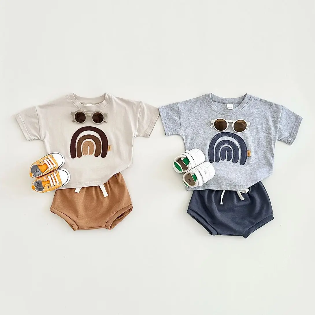 New Summer Newborn Baby Boys Clothes Sets T-Shirt+Triangle Shorts Toddle Outfit Children 2Pcs Rainbow Patchwork Suit 0-3Y