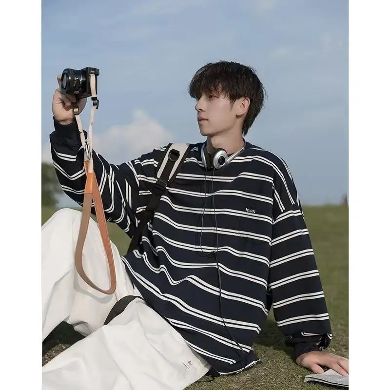

2025 striped long-sleeved T-shirt men's autumn trendy versatile autumn clothes Japanese loose high street embroidered sweatshirt