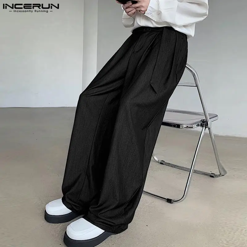 INCERUN Men Pants Solid Color Joggers Loose Button Casual Trousers Men With Belt Streetwear 2024 Fashion Wide Leg Pants S-5XL