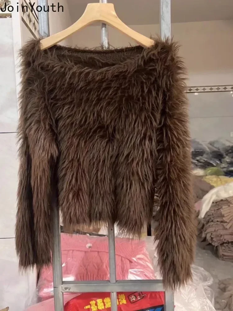 XIEERDUO Damestrui Gebreide trui met gebogen zoom, sweatshirt, herfst winter 2025, koffie, XL