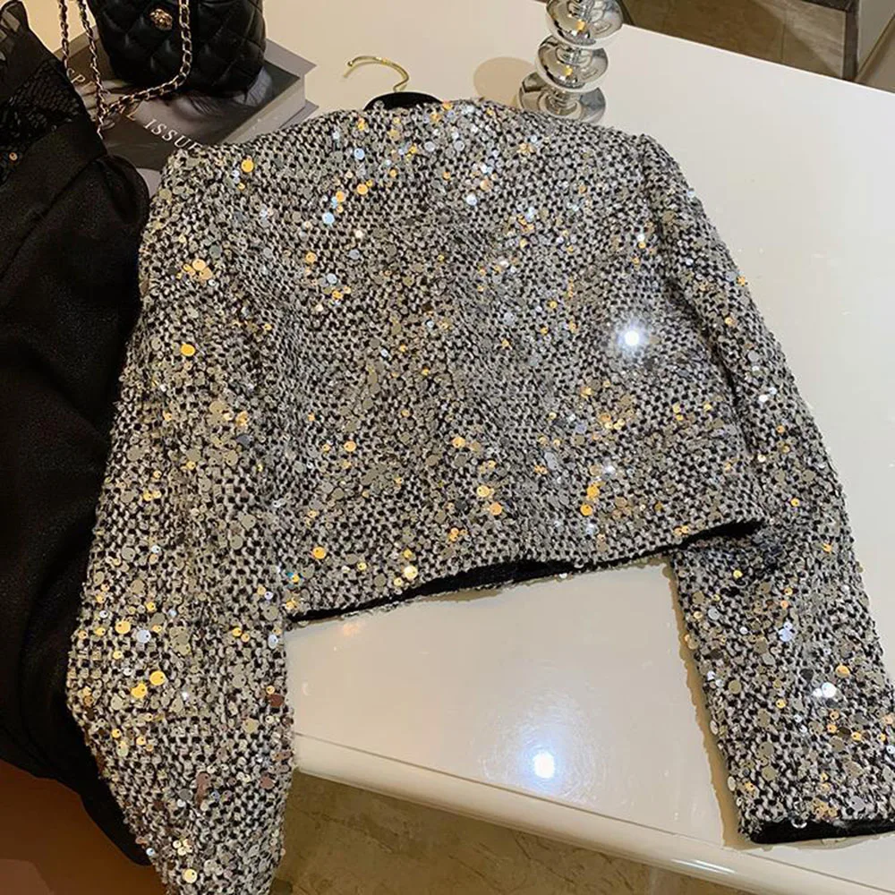 Korean Fashion Vintage Sequin Jacket Coat Women Silvery Cropped Jackets Elegant Office Lady Outerwear 2024 Spring Chic Chaquetas