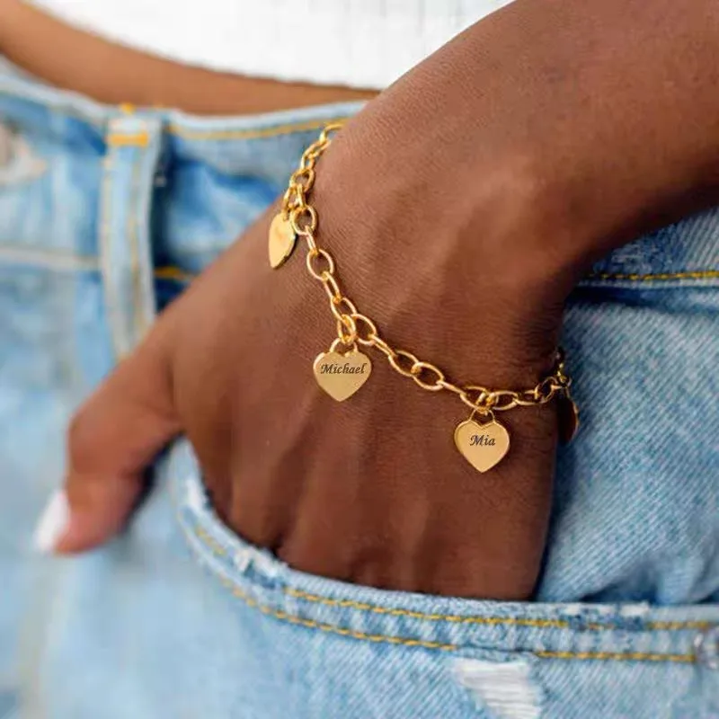 

Custom Name Heart Coin Charm Bracelet for Women Stainless Steel Gold Color Cuban Link Chain Family Tree Bracelet Jewelry Gift