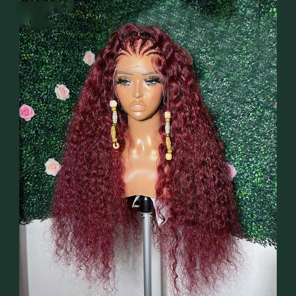 Soft Kinky Curly Burgundy Natural Hairline Wine 180Density 26“Long 99j Lace Front Wig For Black Women Baby Hair Preplucked Daily