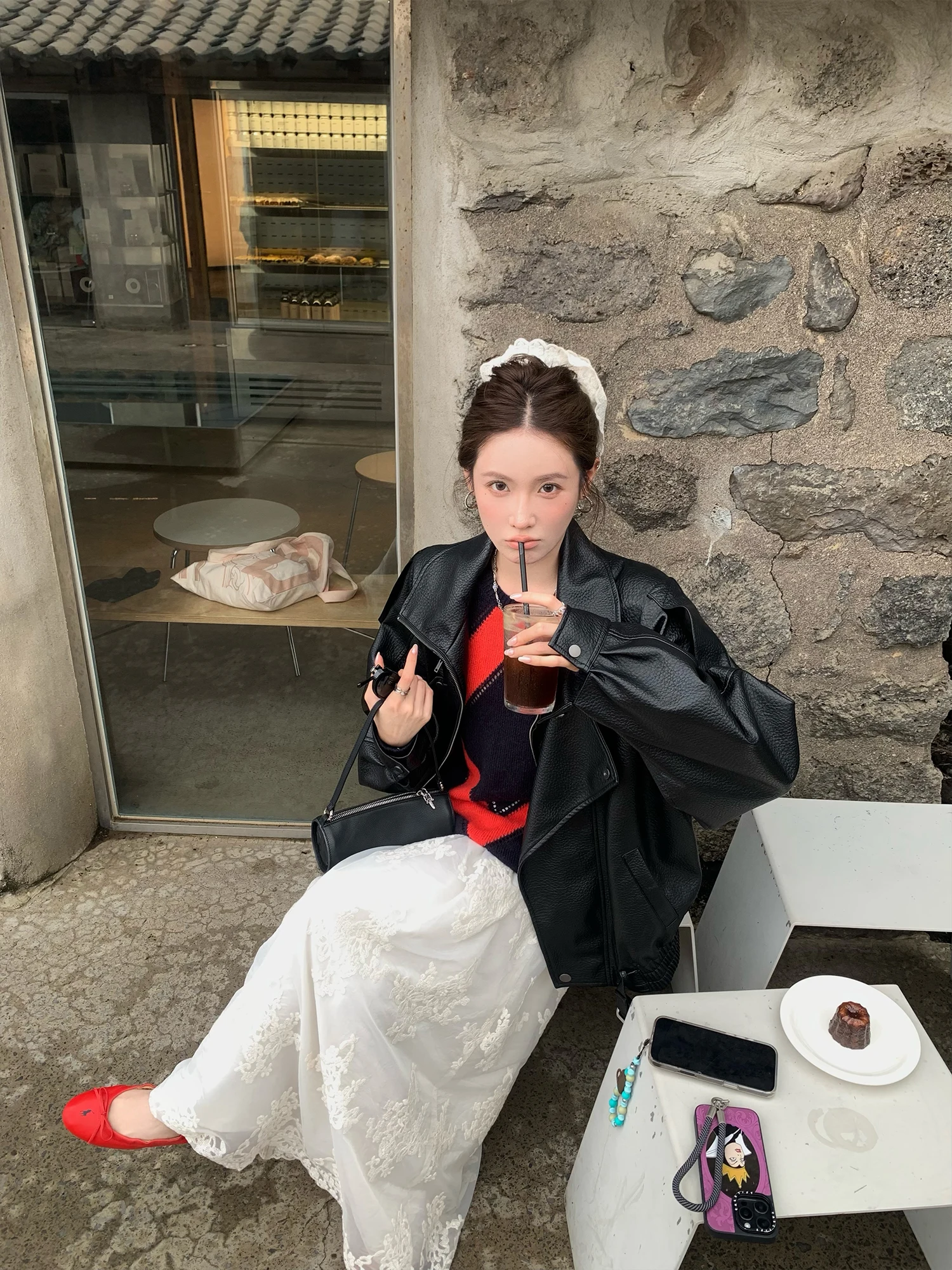 Jaqueta de Couro Feminina PPLAND Bla com Lapela, Estilo Americano Solto, com Zíper, Manga Longa, Comprimento Regular, para Primavera e Outono