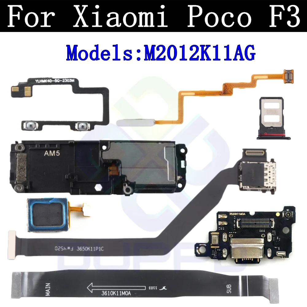 Charging Port Board For Xiaomi Poco F3 Top Ear Loud Speaker SIM Card Fingerprint Sensor Volume Off On Motherboard Flex Cable