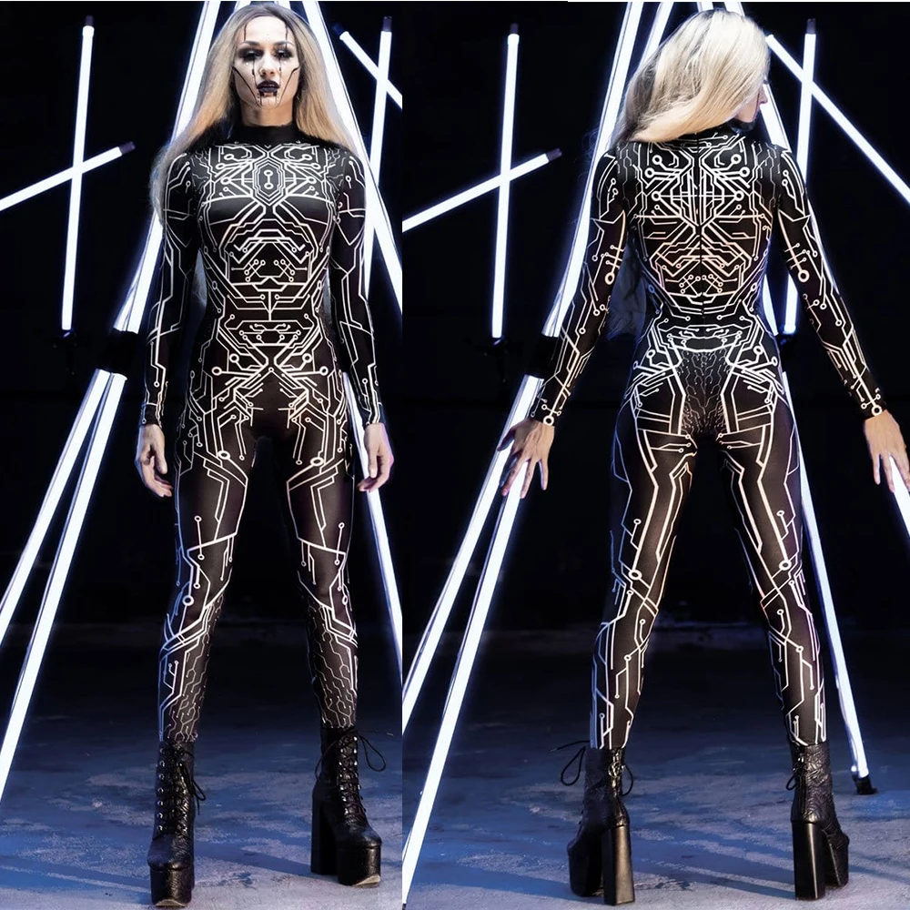 [You're My Secret] Halloween Fancy 3D Punk Circuit Printed Spandex Catsuit Cosplay Women Sexy Jumpsuits Unisex Zentai Bodysuit