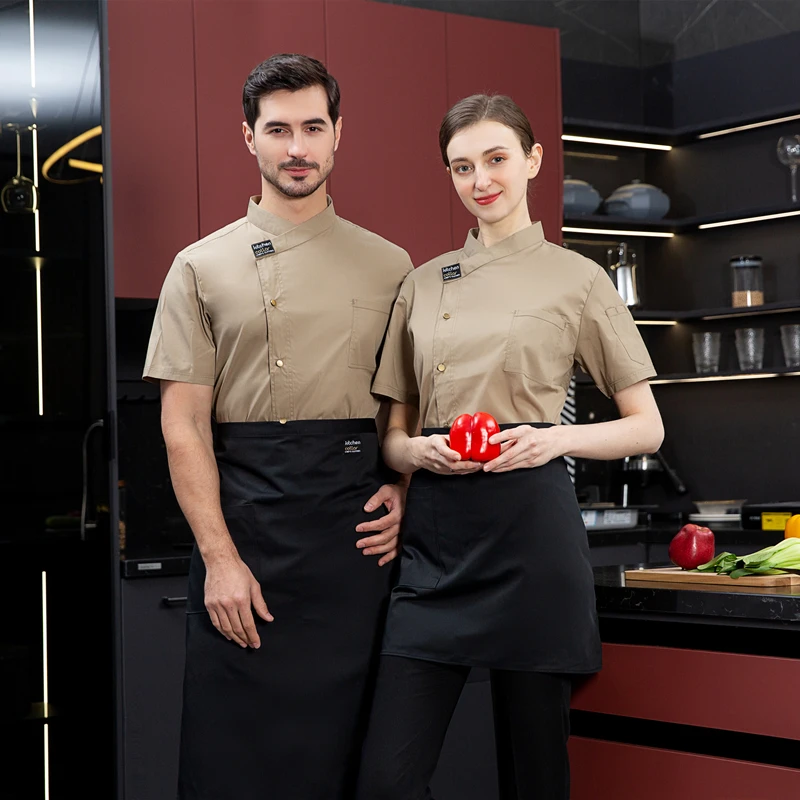 الصيف رئيس الشيف موحدة الرجال معطف الشيف الأسود شعار قصيرة الأكمام سترة الطاهي المئزر مطعم فندق المطبخ الطبخ معطف الملابس