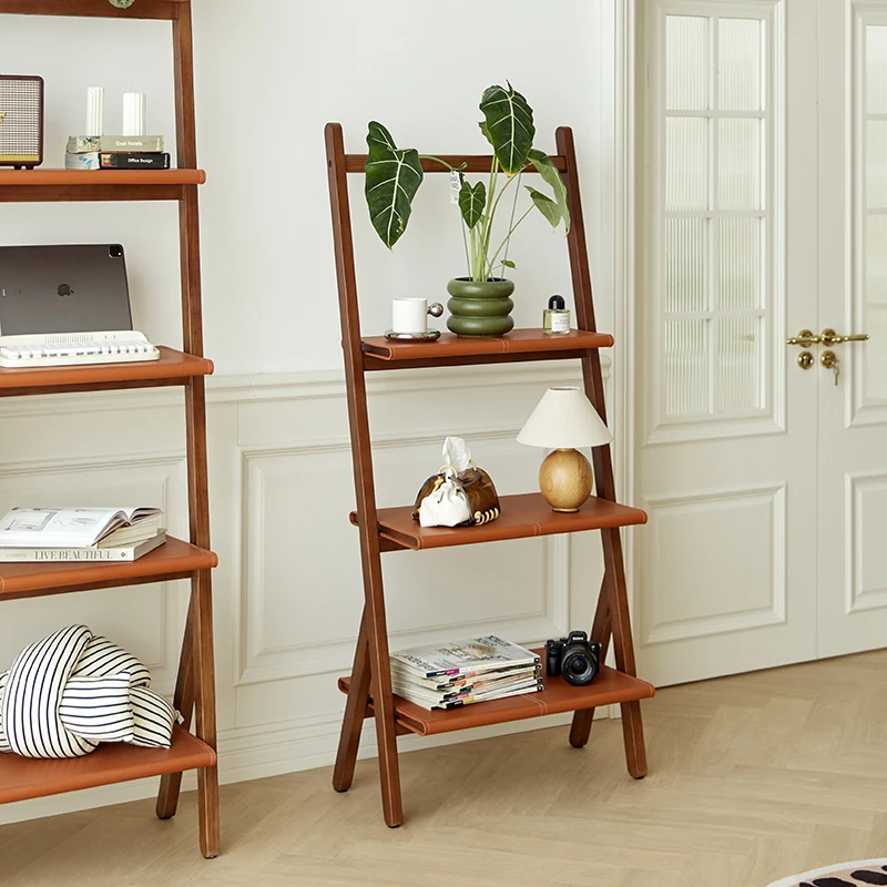

Retro light luxury shelf Italian designer saddle leather floor solid wood bookshelf living room multi-layer display shelf