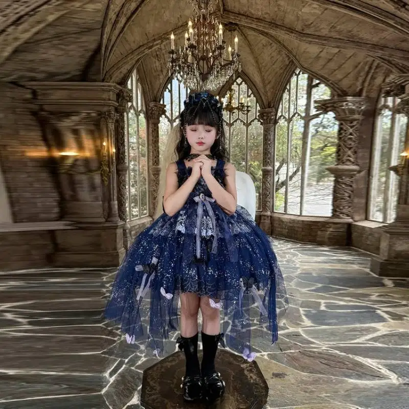 Dunkelblaues Lolita-Kleid für Mädchen, Kinder-Schmetterlings-Schlepprock, ärmelloses, voluminöses Ballkleid für Geburtstagsfeiern und Halloween-Kostüme – Detail 3
