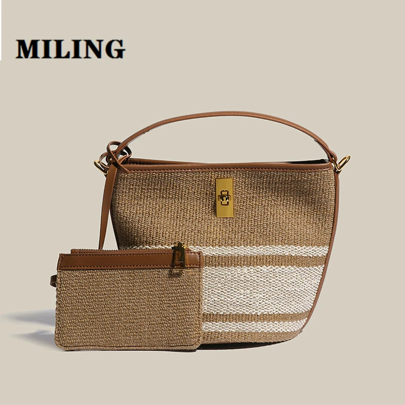 

Summer Beach Genuine Leather Bags For Women 2024 New Trend Crossbody Bag Simple Vintage Bucket Bag For Shopping Travel Working